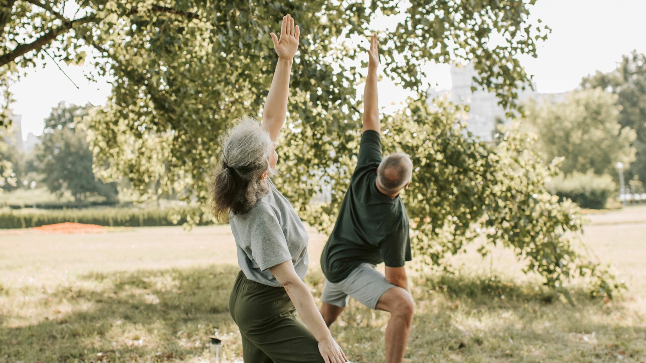 Un homme et une femme seniors pratiquant le yoga en plein air pour contrer les premiers signes d'isolement chez une personne âgée grâce à une activité physique et sociale.